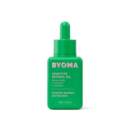 BYOMA Sensitive Retinol Oil in a green bottle.