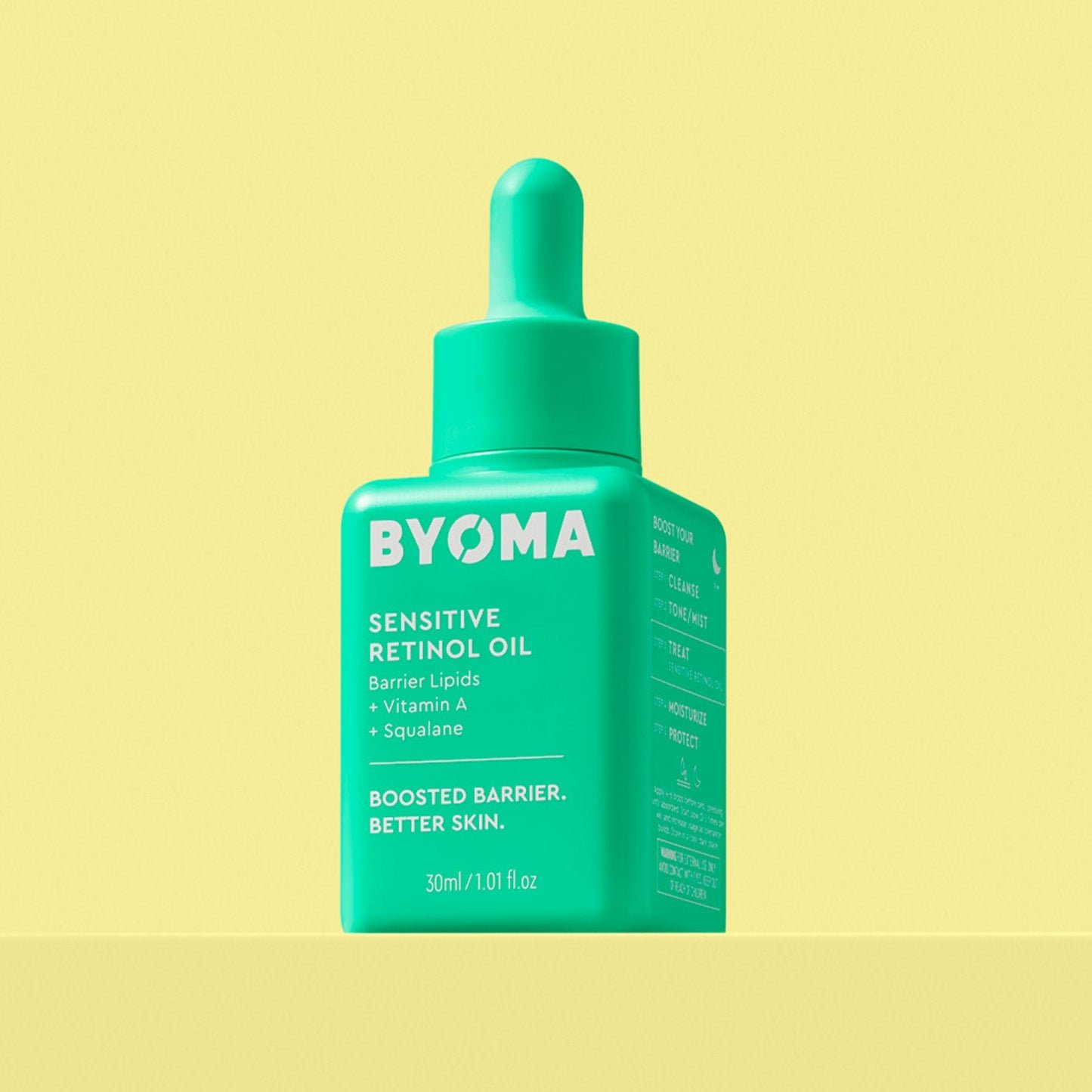 A green bottle of BYOMA Sensitive Retinol Oil with a dropper.