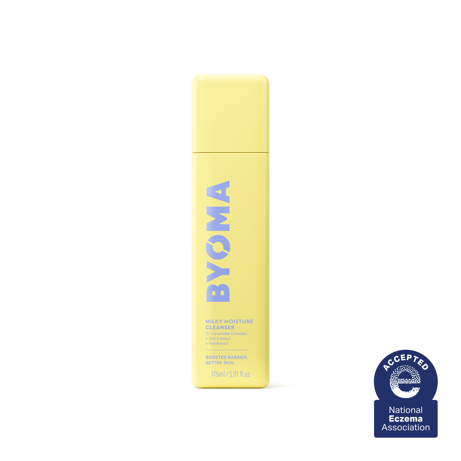 A yellow bottle of Byoma Milky Moisture Cleanser with the National Eczema Association seal. 