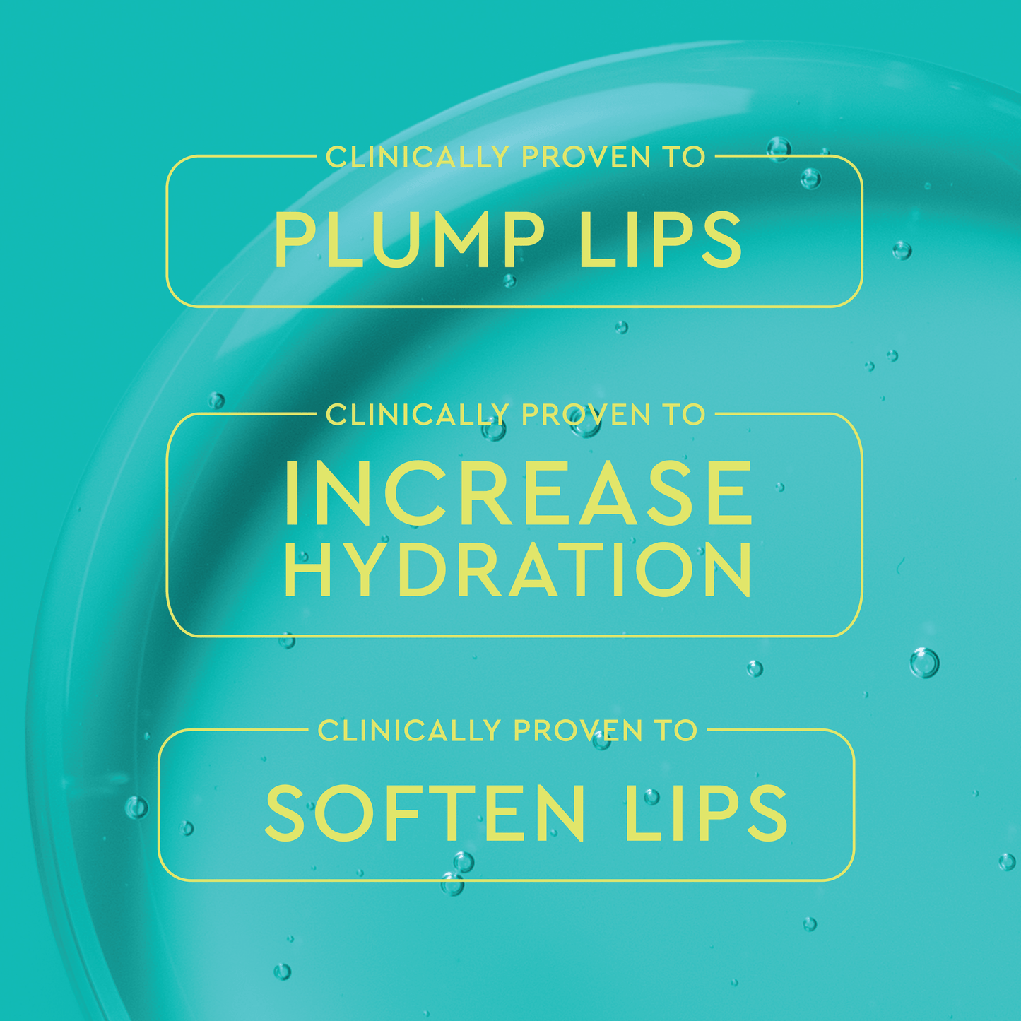 A skincare infographic highlights clinically proven benefits: plumping lips, increasing hydration, and softening lips. 