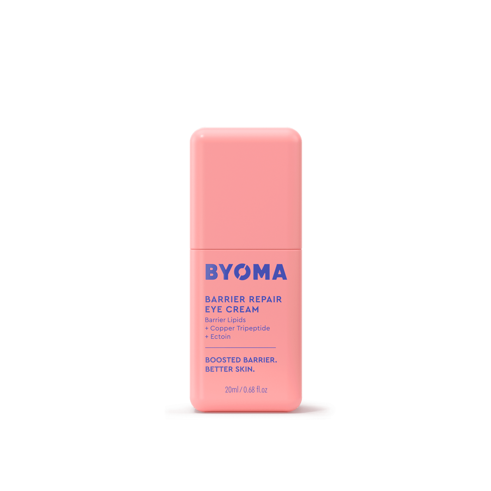 BYOMA Barrier Repair Eye Cream with barrier lipids, copper tripeptide, and ectoin in a pink bottle.