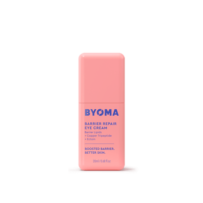 BYOMA Barrier Repair Eye Cream with barrier lipids, copper tripeptide, and ectoin in a pink bottle.