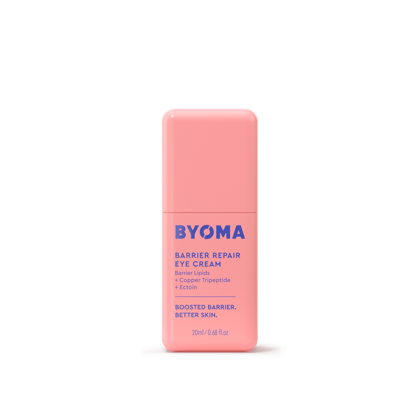 BYOMA Barrier Repair Eye Cream with barrier lipids, copper tripeptide, and ectoin in a pink bottle.