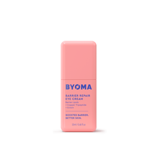 BYOMA Barrier Repair Eye Cream with barrier lipids, copper tripeptide, and ectoin in a pink bottle.