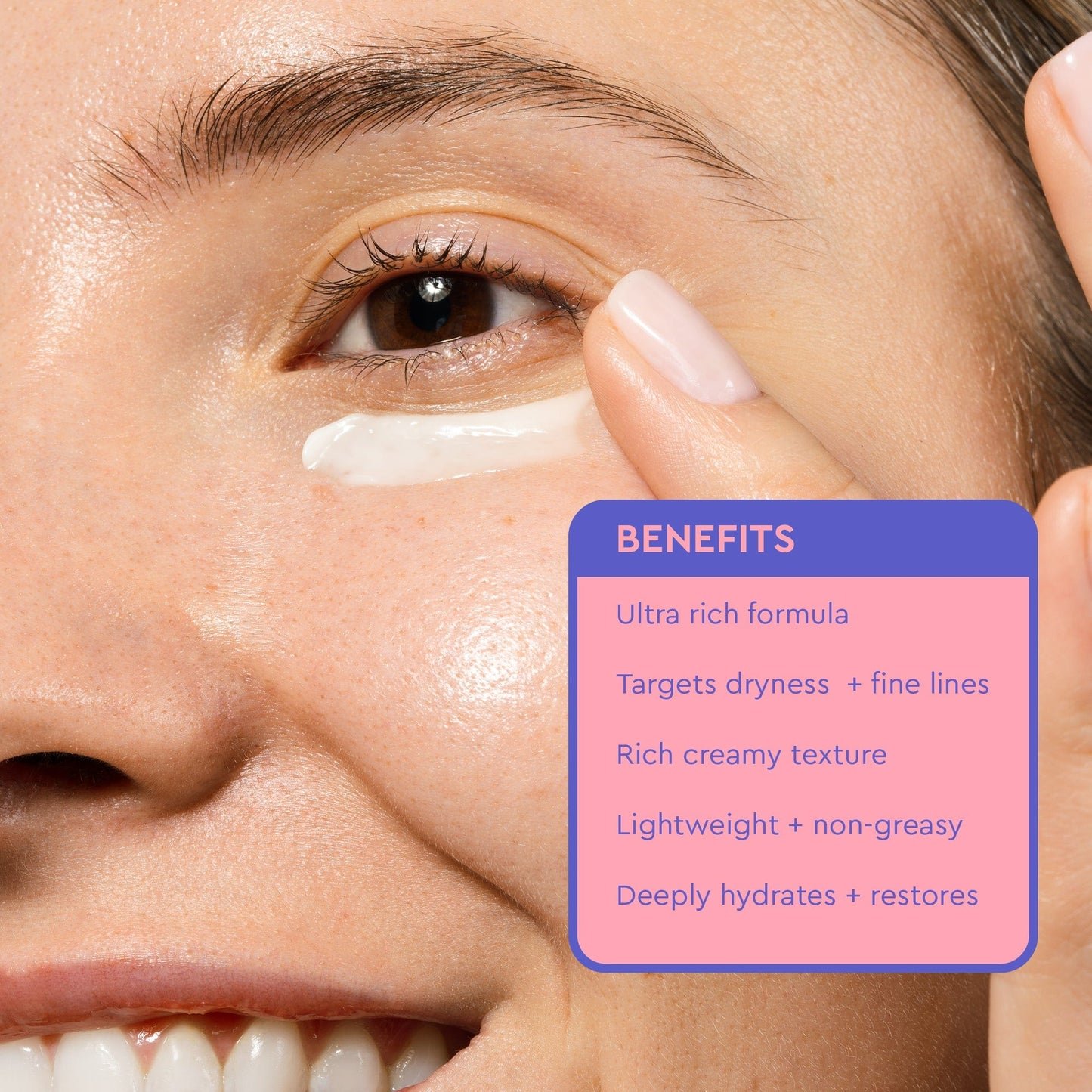 Woman applying BYOMA Barrier Repair Eye Cream, highlighting hydration and fine line reduction benefits.