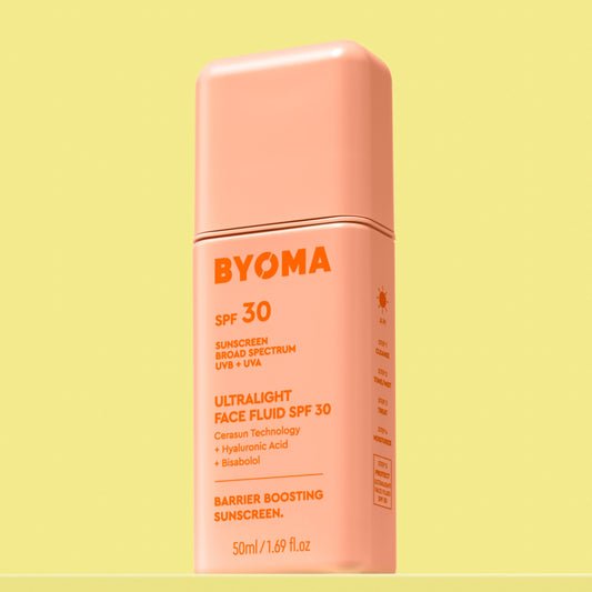 BYOMA Ultralight Face Fluid SPF 30 sunscreen bottle.