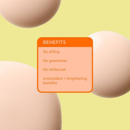 An infographic displaying the benefits of a skincare product: no pilling, no greasiness, no white cast, and antioxidant protection with brightening effects.