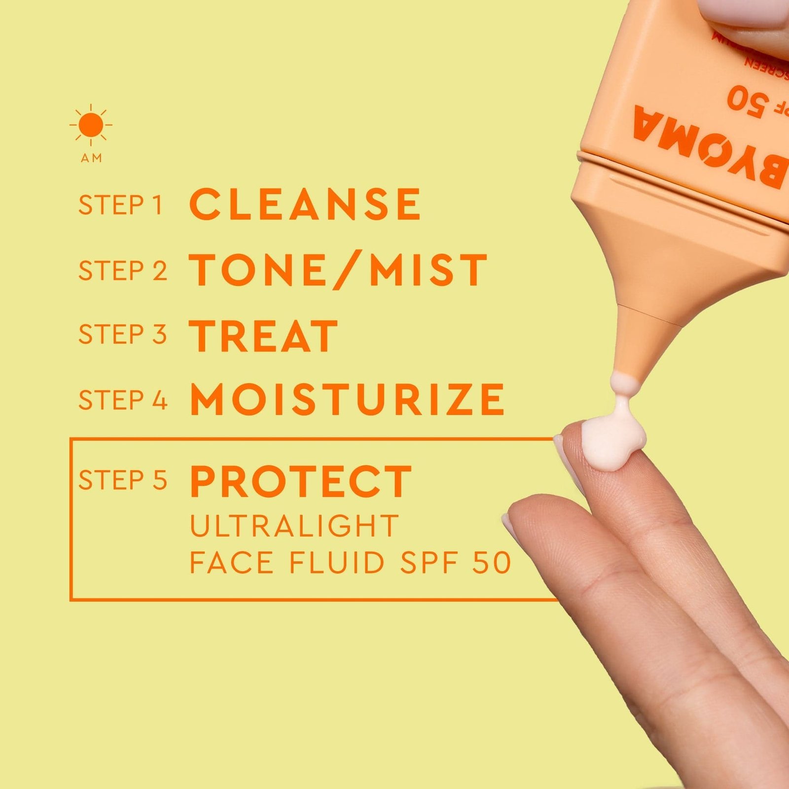 A BYOMA Ultralight Face Fluid SPF 50 being dispensed onto a fingertip, with a five-step morning skincare routine displayed.