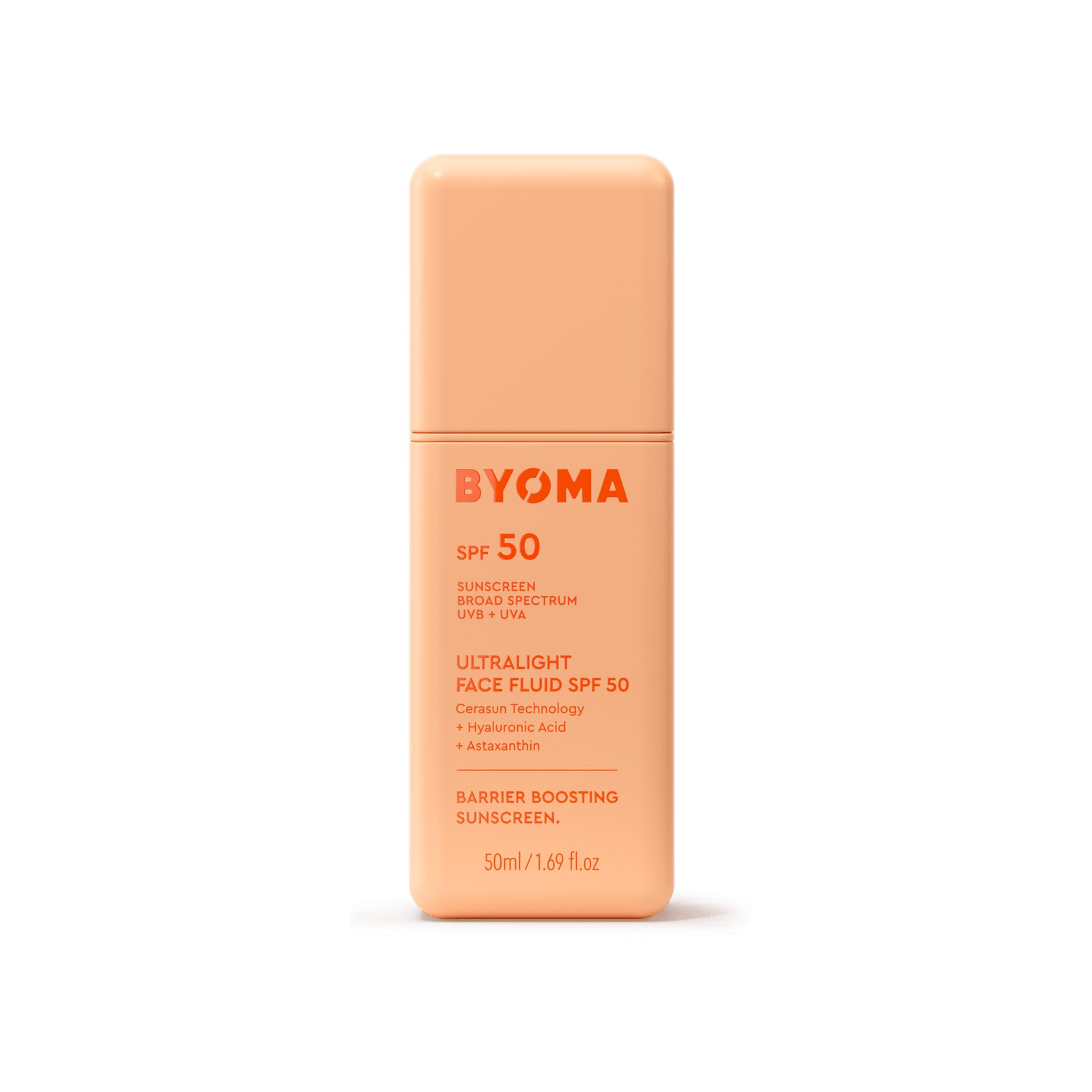 An orange bottle of BYOMA Ultralight Face Fluid SPF 50 sunscreen.