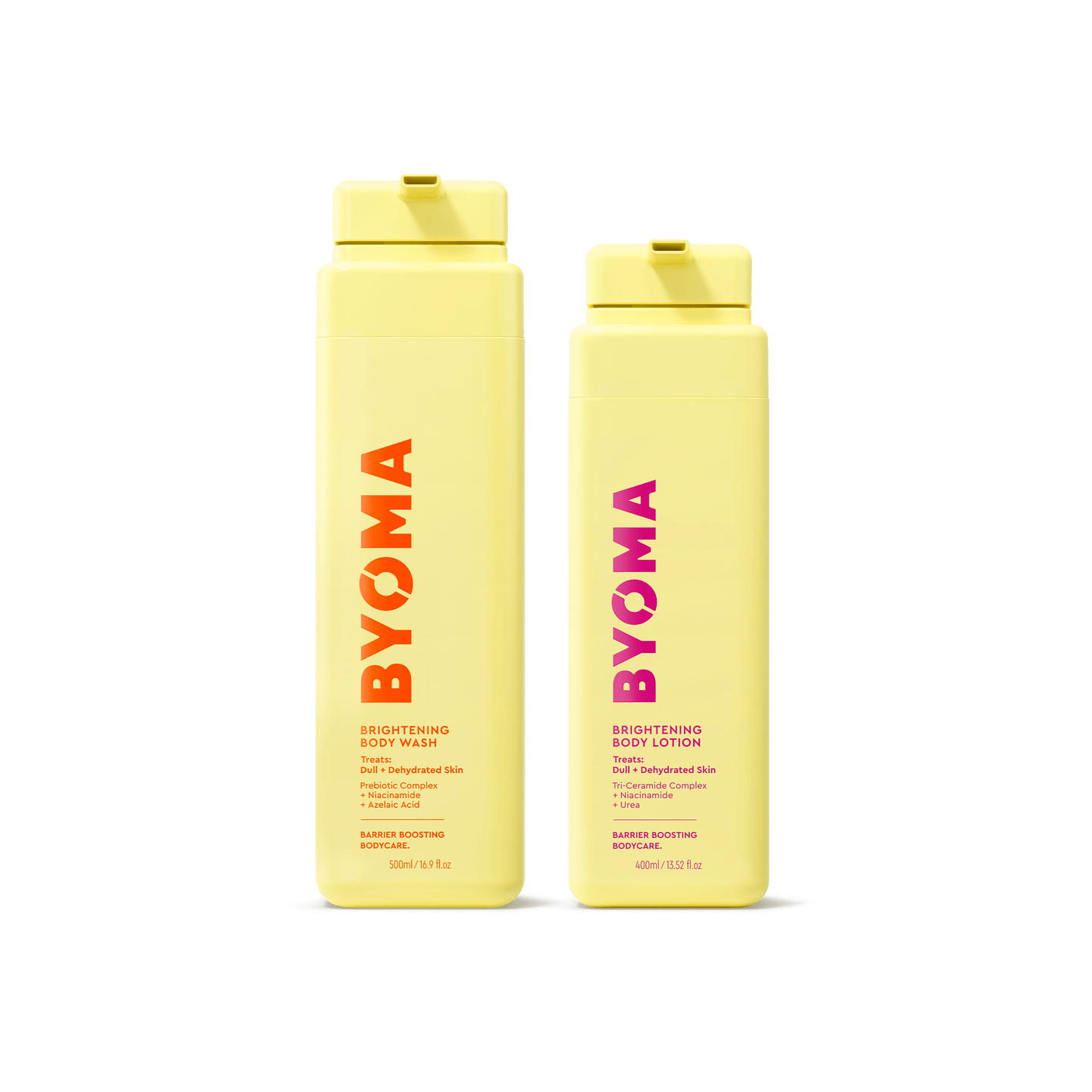 Two yellow BYOMA bottles on a transparent background. Left: Brightening Body Wash with orange-red text; right: Brightening Body Lotion with pink text. Both are upright.
