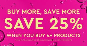 BYOMA promotional banner with pink background and skincare bubbles – Save 25% when you buy 4+ products.