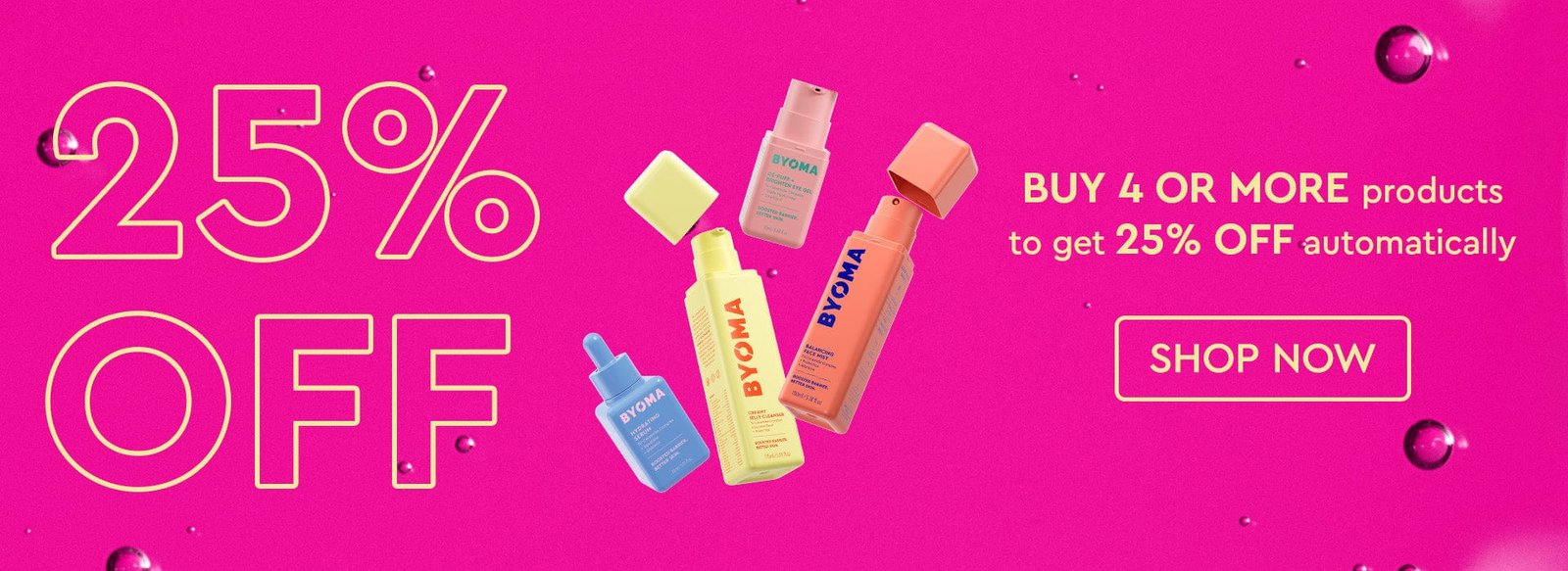 BYOMA skincare products on a pink background with a 25% off promotion.