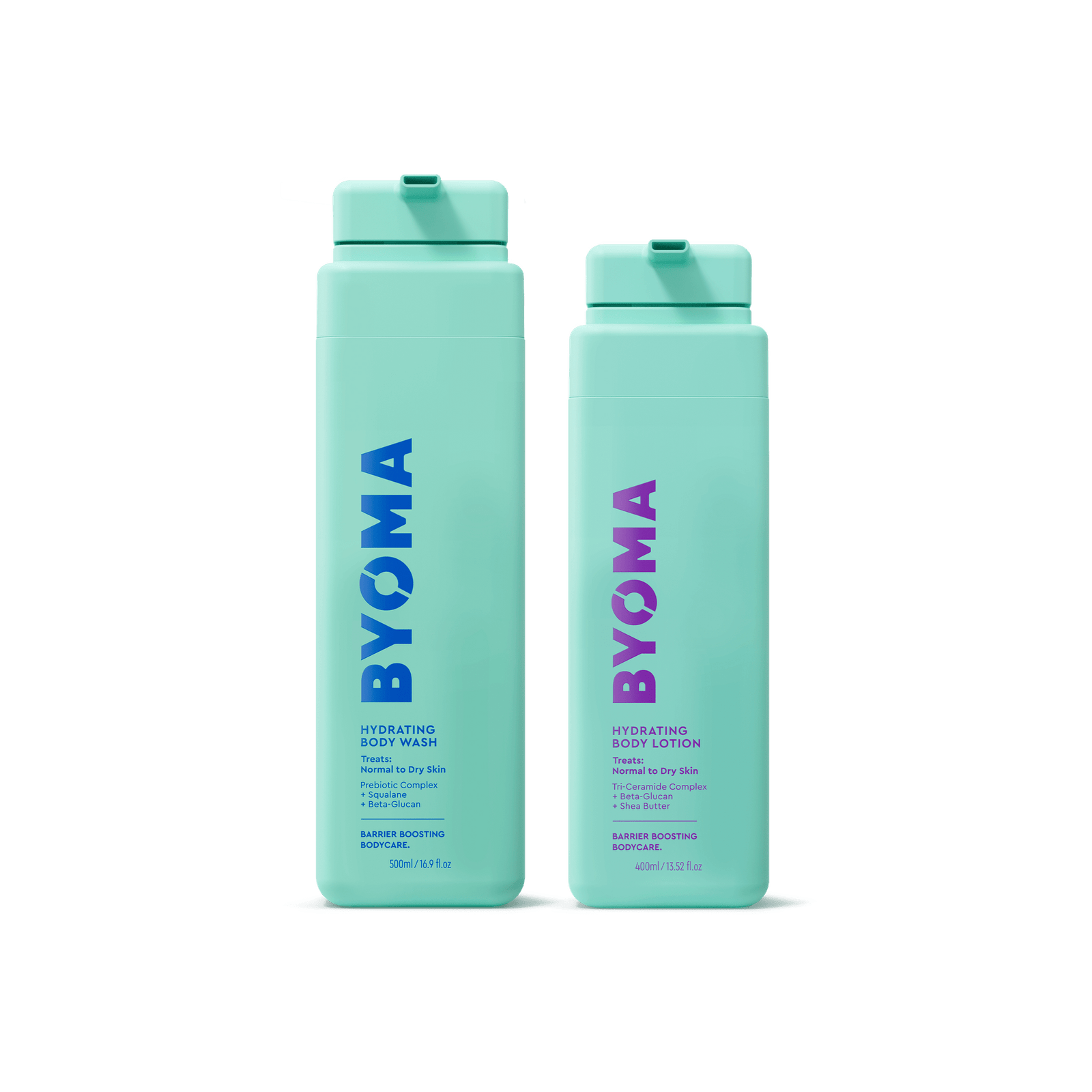 Two turquoise BYOMA products shown isolated on a transparent background.: Hydrating Body Wash (left) with blue text and Hydrating Body Lotion (right) with purple text. Both bottles are upright.
