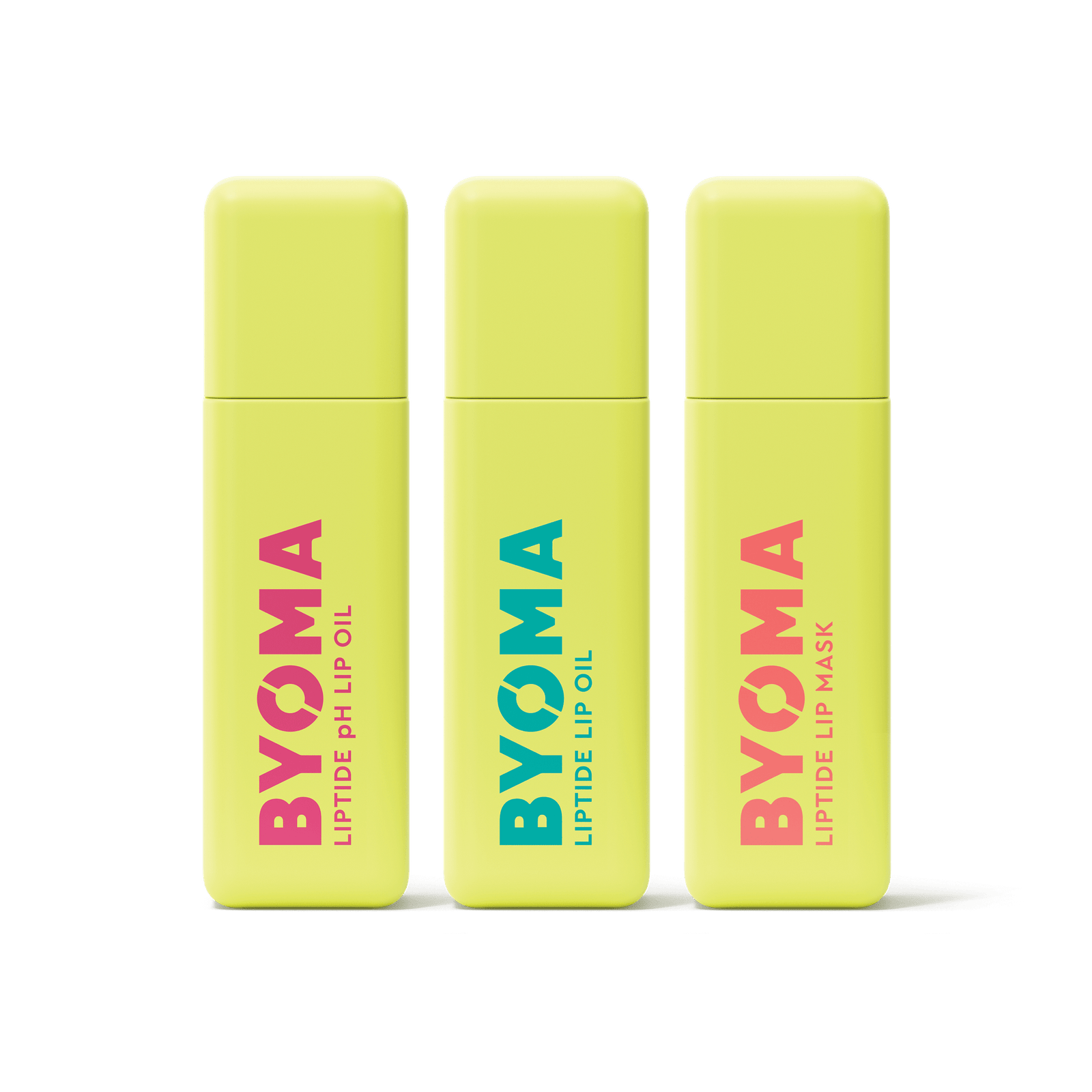 Three BYOMA Liptide lip treatments – pH Lip Oil, Lip Oil, and Lip Mask in yellow tubes against transparent background