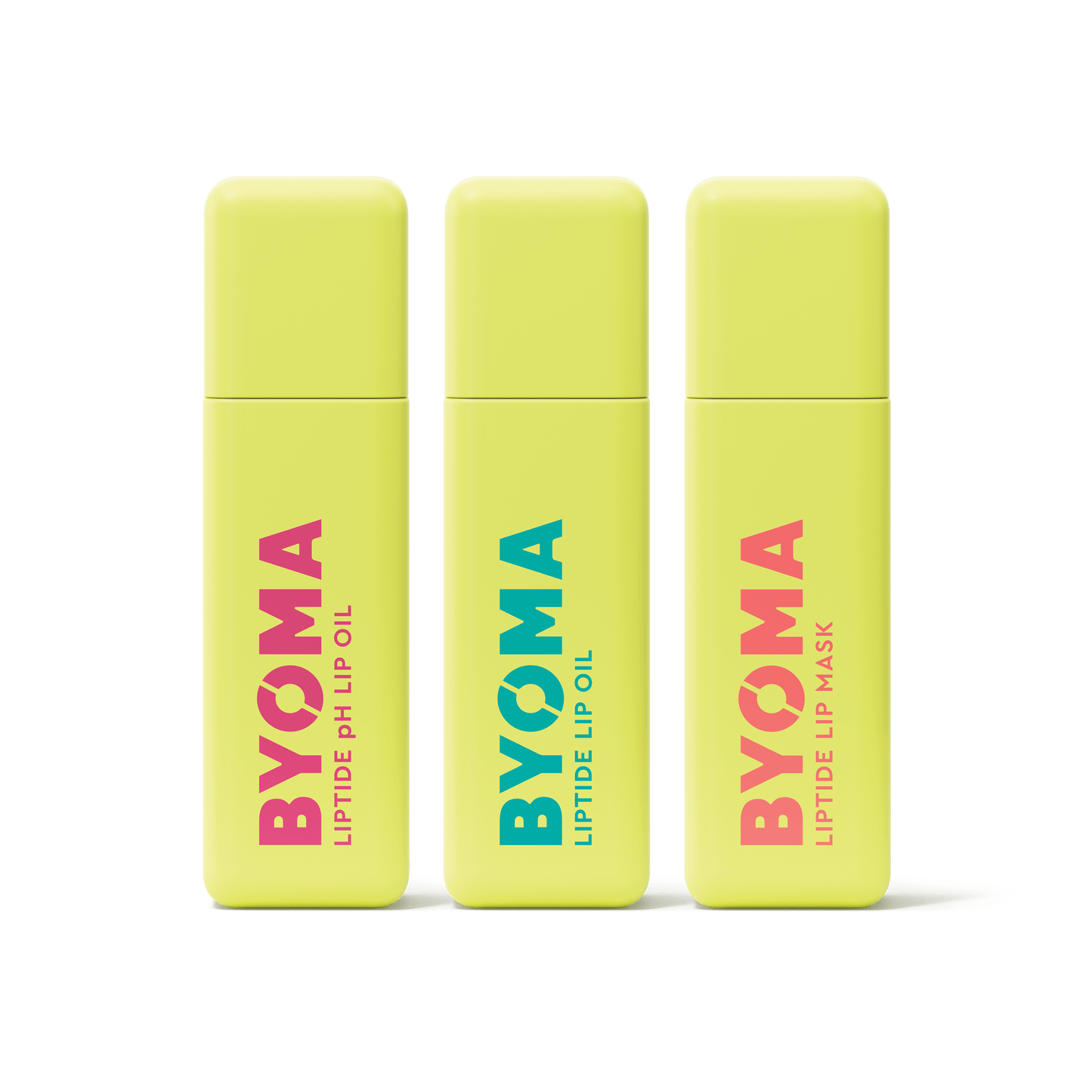 Three BYOMA Liptide lip treatments – pH Lip Oil, Lip Oil, and Lip Mask in yellow tubes against transparent background