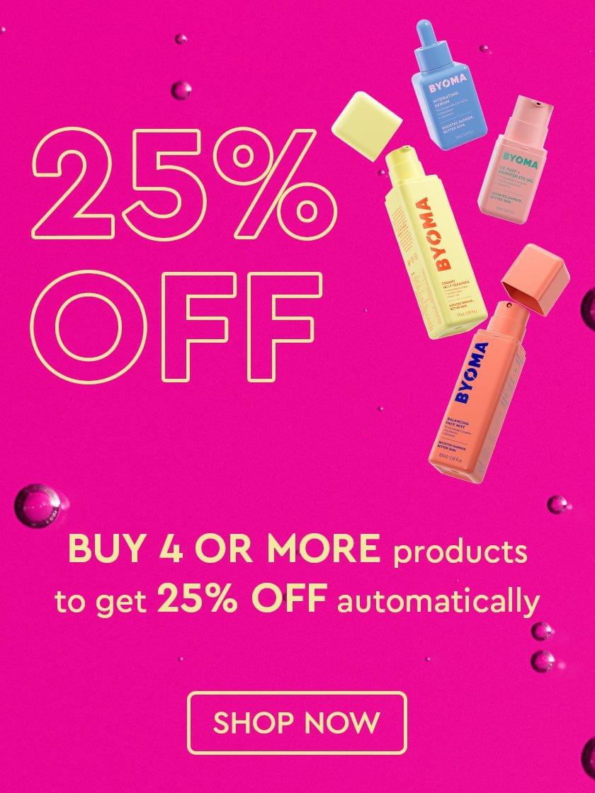 Bright pink banner offering 25% off BYOMA products with a ‘Shop Now’ button.