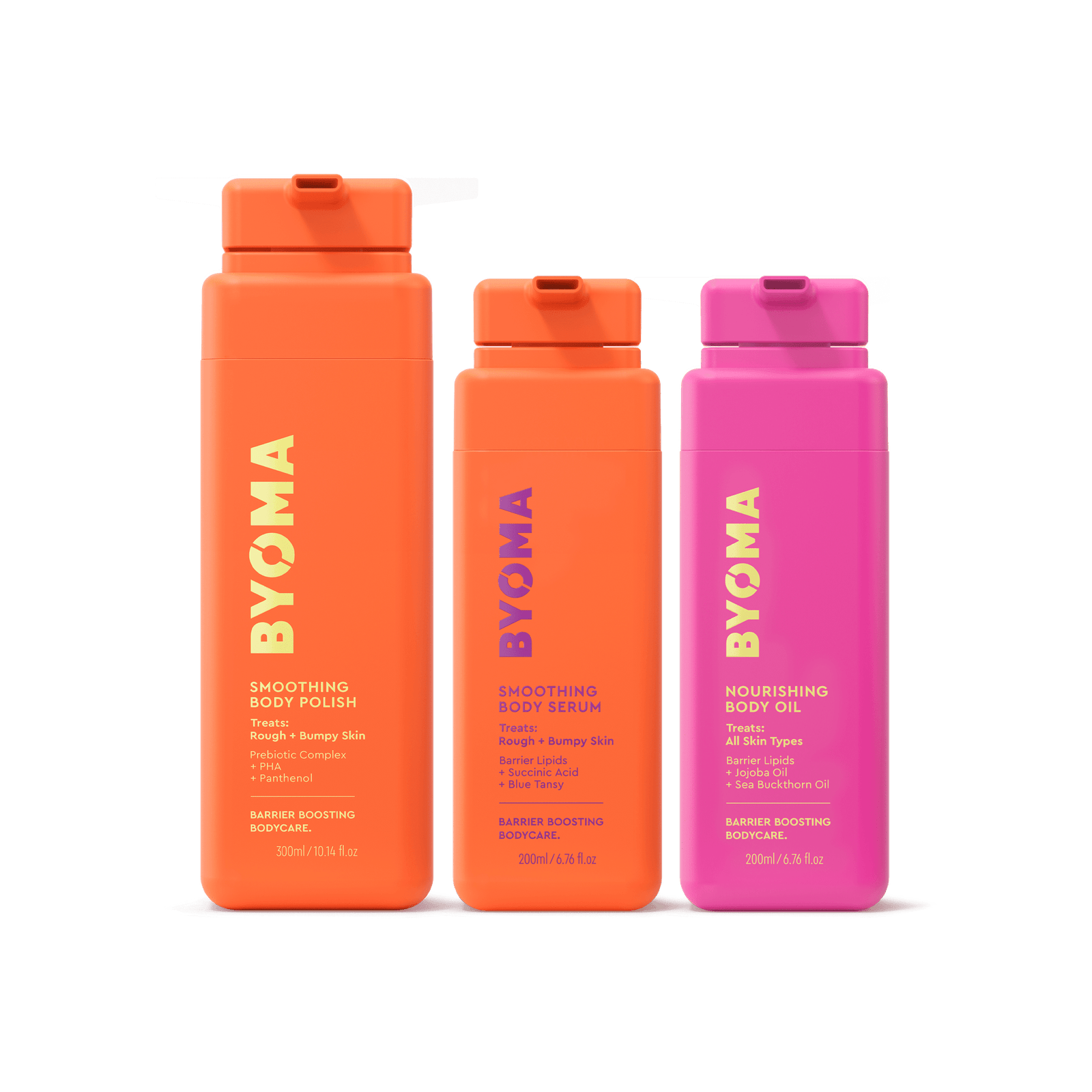 hree BYOMA bodycare products against a transparent background. Products are isolated: orange Smoothing Body Polish, orange Smoothing Body Serum, and pink Nourishing Body Oil.