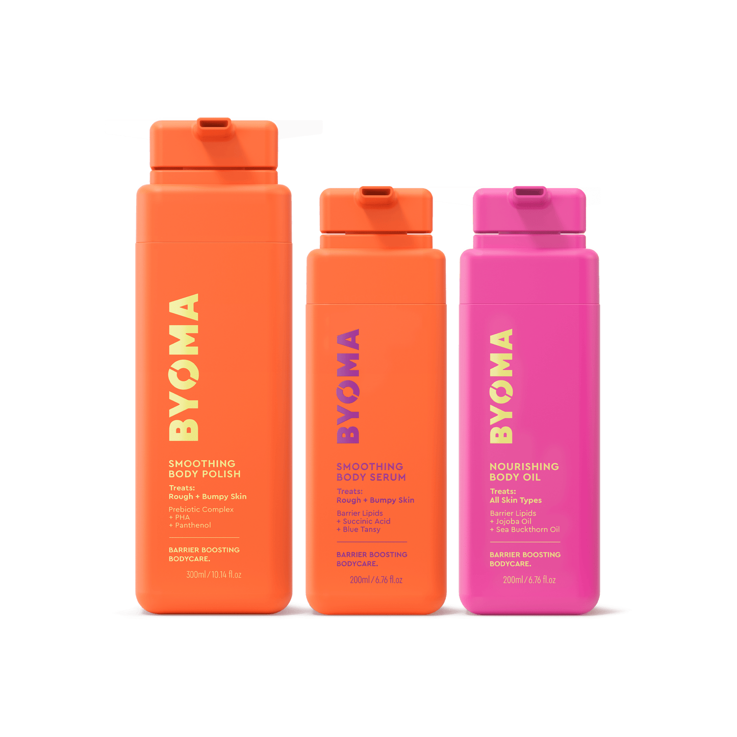 hree BYOMA bodycare products against a transparent background. Products are isolated: orange Smoothing Body Polish, orange Smoothing Body Serum, and pink Nourishing Body Oil.