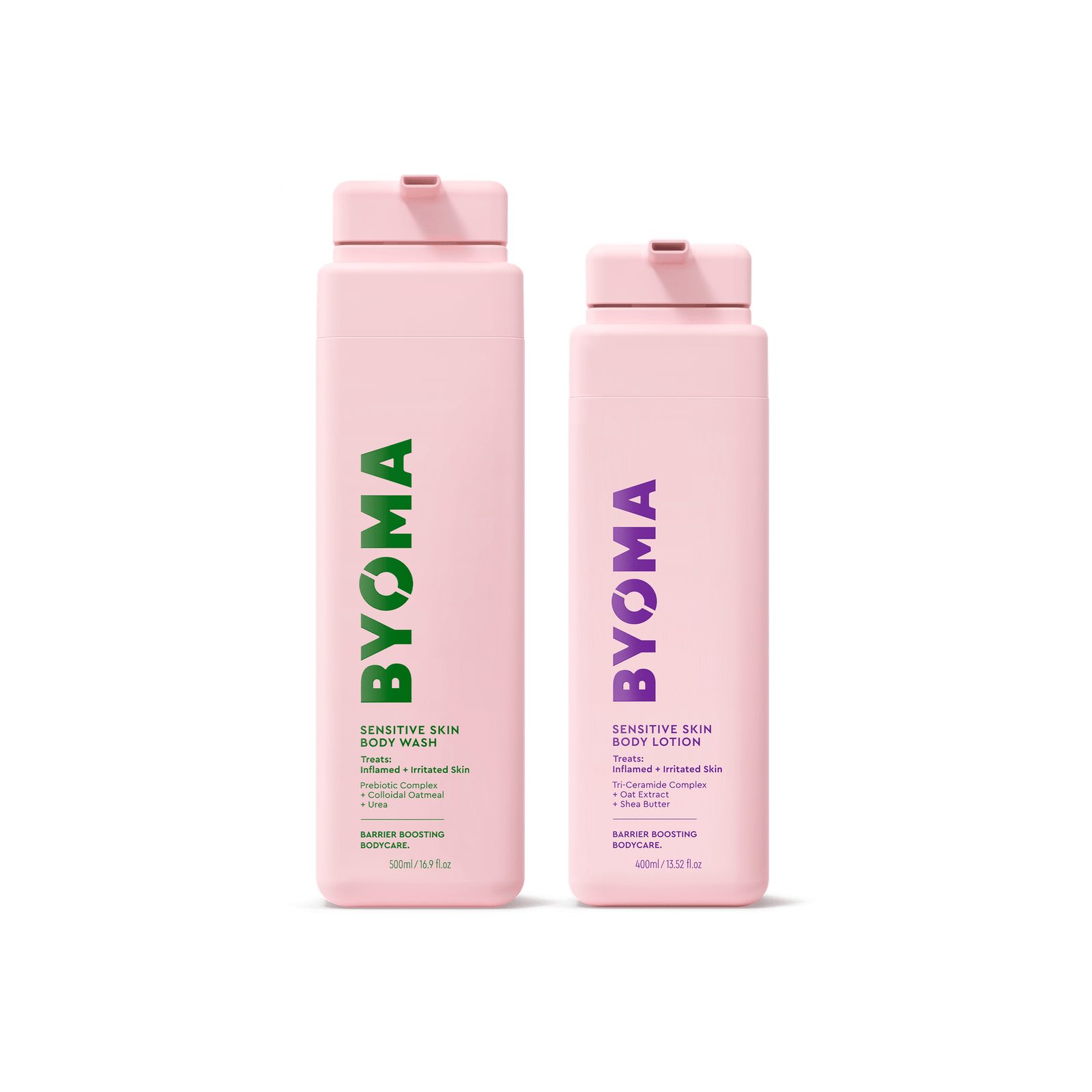Two pink BYOMA bodycare bottles isolated on a transparent background.. Left bottle is Sensitive Skin Body Wash with green text; right bottle is Sensitive Skin Body Lotion with purple text. Both bottles are standing.
