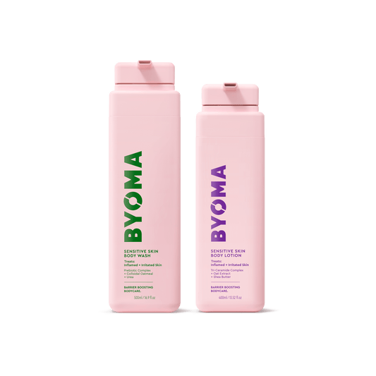 Two pink BYOMA bodycare bottles isolated on a transparent background.. Left bottle is Sensitive Skin Body Wash with green text; right bottle is Sensitive Skin Body Lotion with purple text. Both bottles are standing.